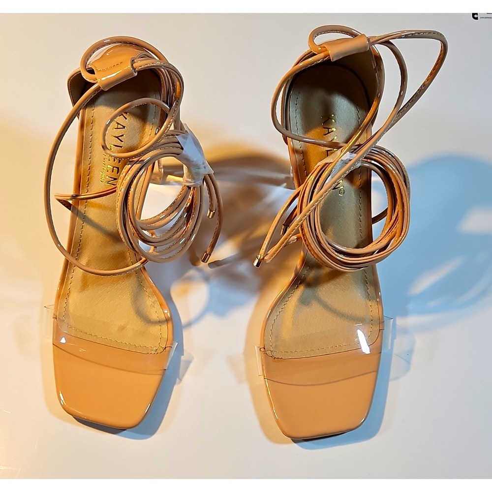Kayleen Nude Clear Patent Strappy Block Heel Lace Up Square Toe 8.5